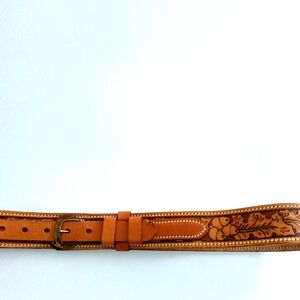 Tooled Brown Leather Belt Acorn Pattern Size